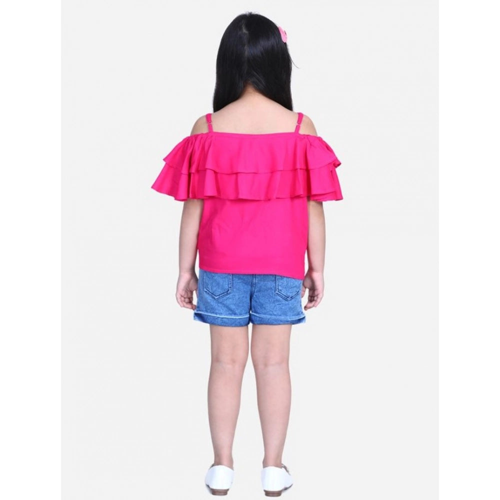 Girl's Rayon Solid Cold Shoulder Top with Shorts - Pink-Blue