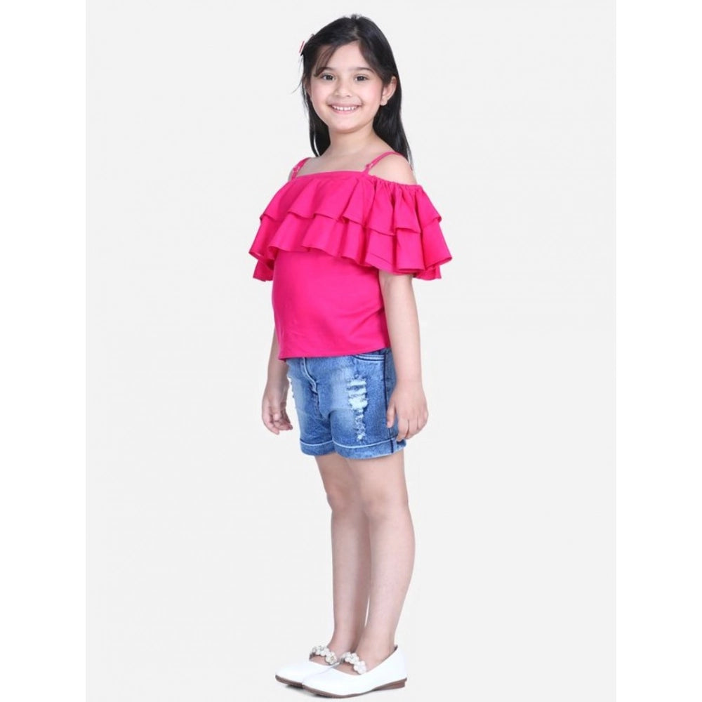 Girl's Rayon Solid Cold Shoulder Top with Shorts - Pink-Blue