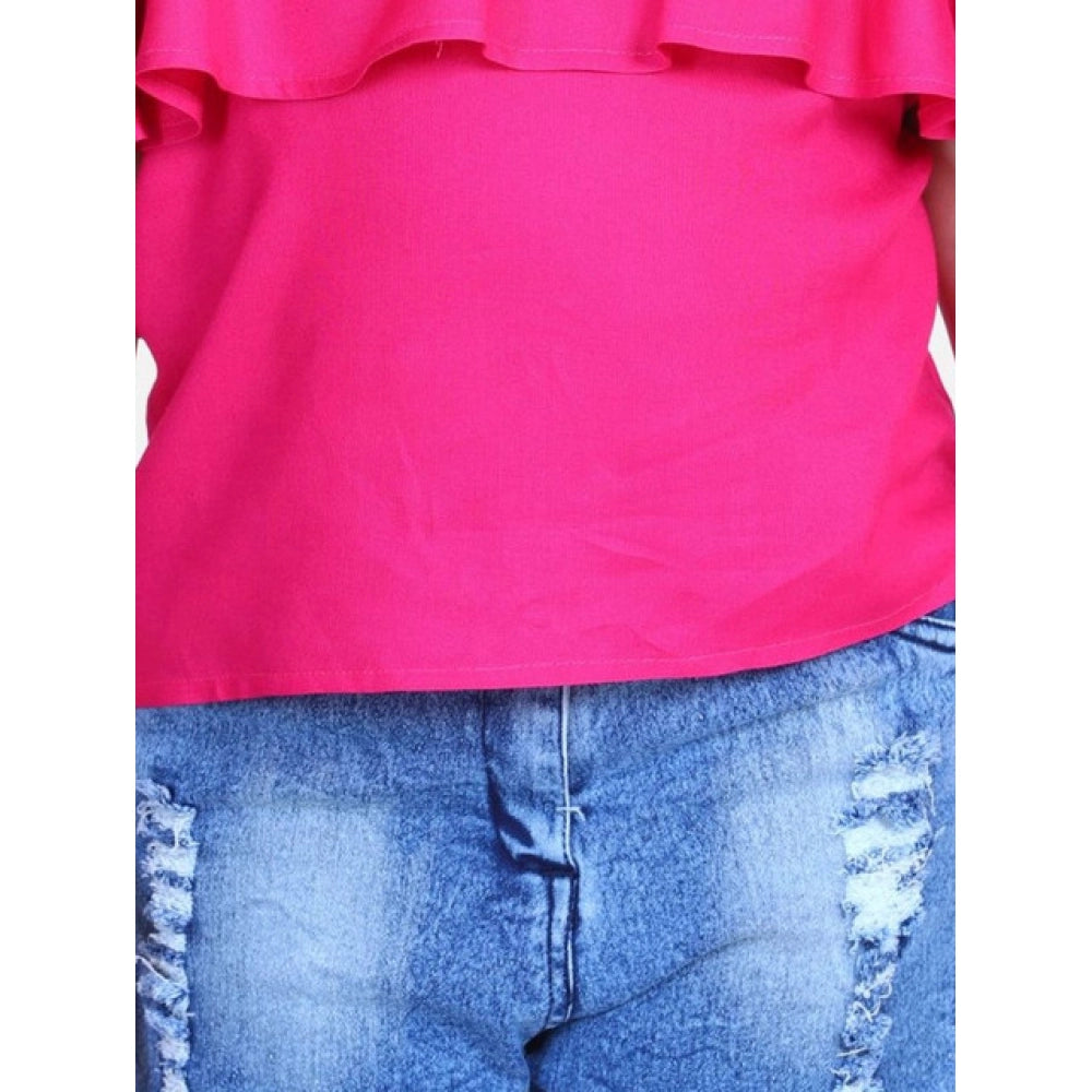 Girl's Rayon Solid Cold Shoulder Top with Shorts - Pink-Blue