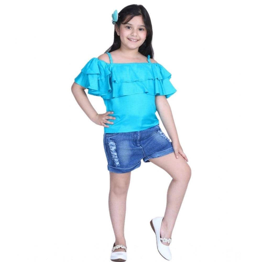 Girl's Rayon Solid Cold Shoulder Top with Shorts - Blue