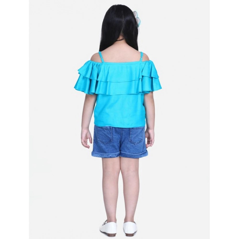 Girl's Rayon Solid Cold Shoulder Top with Shorts - Blue