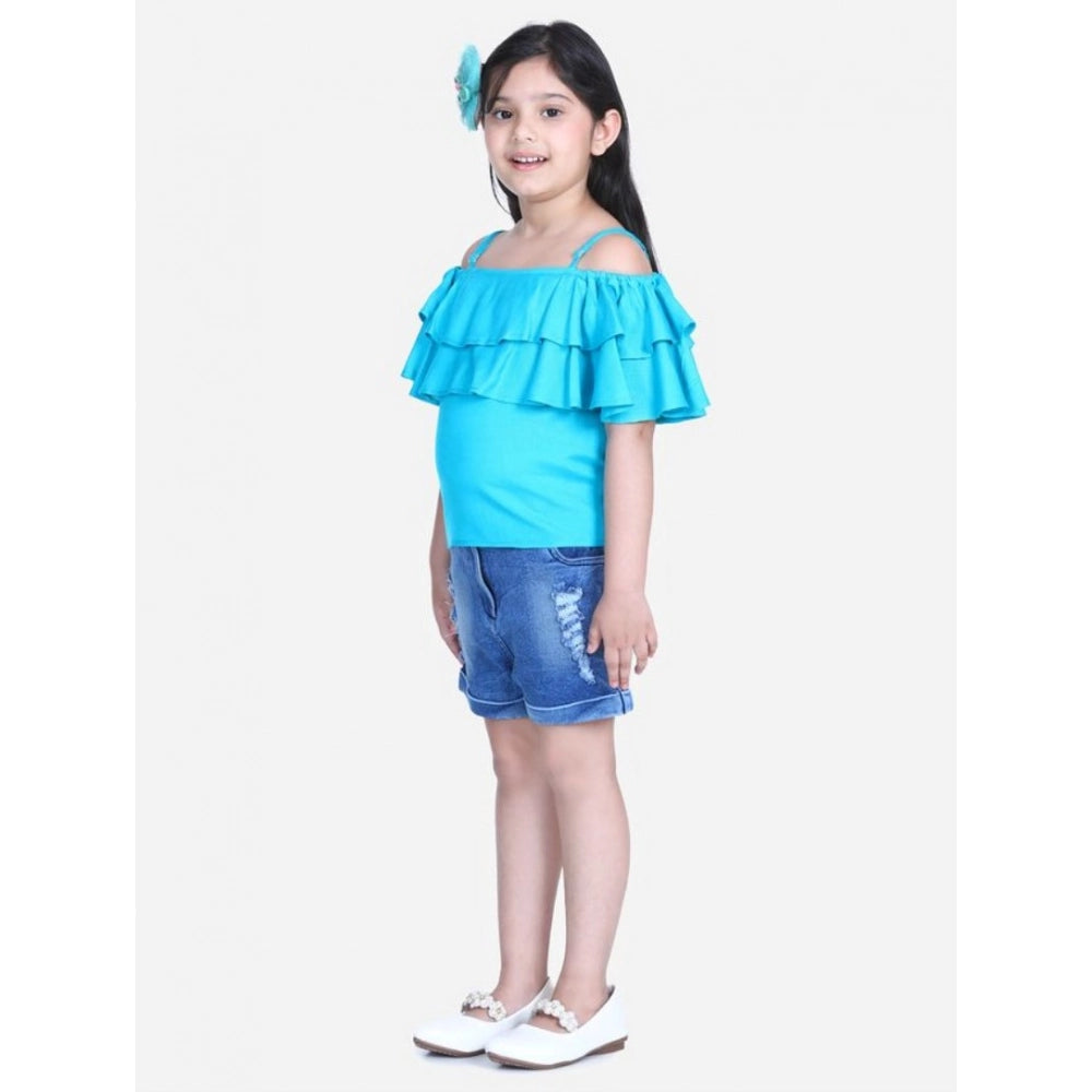 Girl's Rayon Solid Cold Shoulder Top with Shorts - Blue