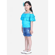 Girl's Rayon Solid Cold Shoulder Top with Shorts - Blue