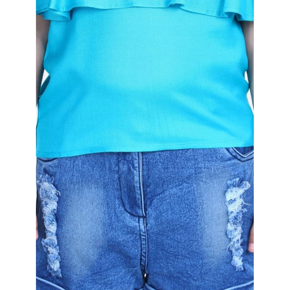 Girl's Rayon Solid Cold Shoulder Top with Shorts - Blue