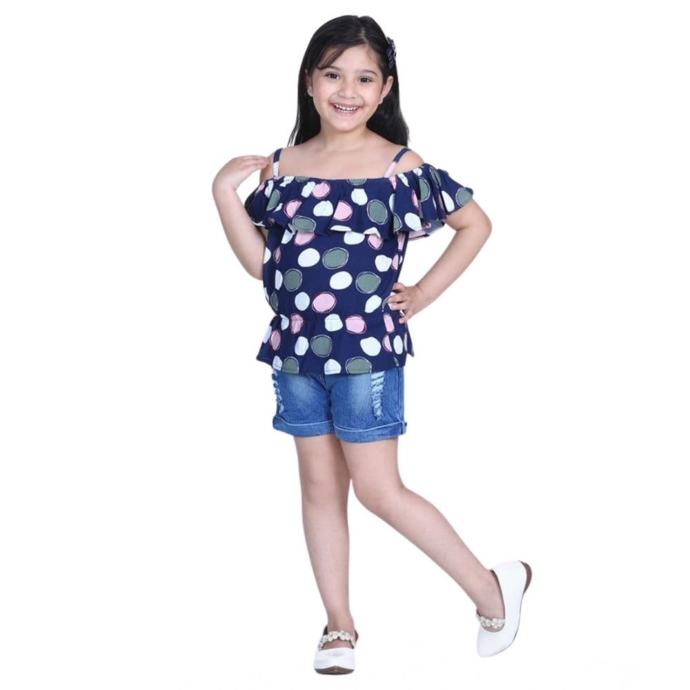 Girl's Rayon Solid Cold Shoulder Top with Shorts - Navy Blue