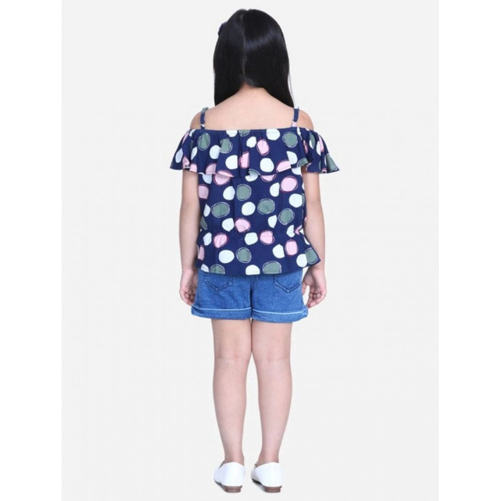Girl's Rayon Solid Cold Shoulder Top with Shorts - Navy Blue