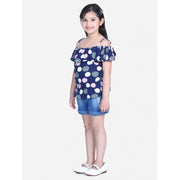 Girl's Rayon Solid Cold Shoulder Top with Shorts - Navy Blue