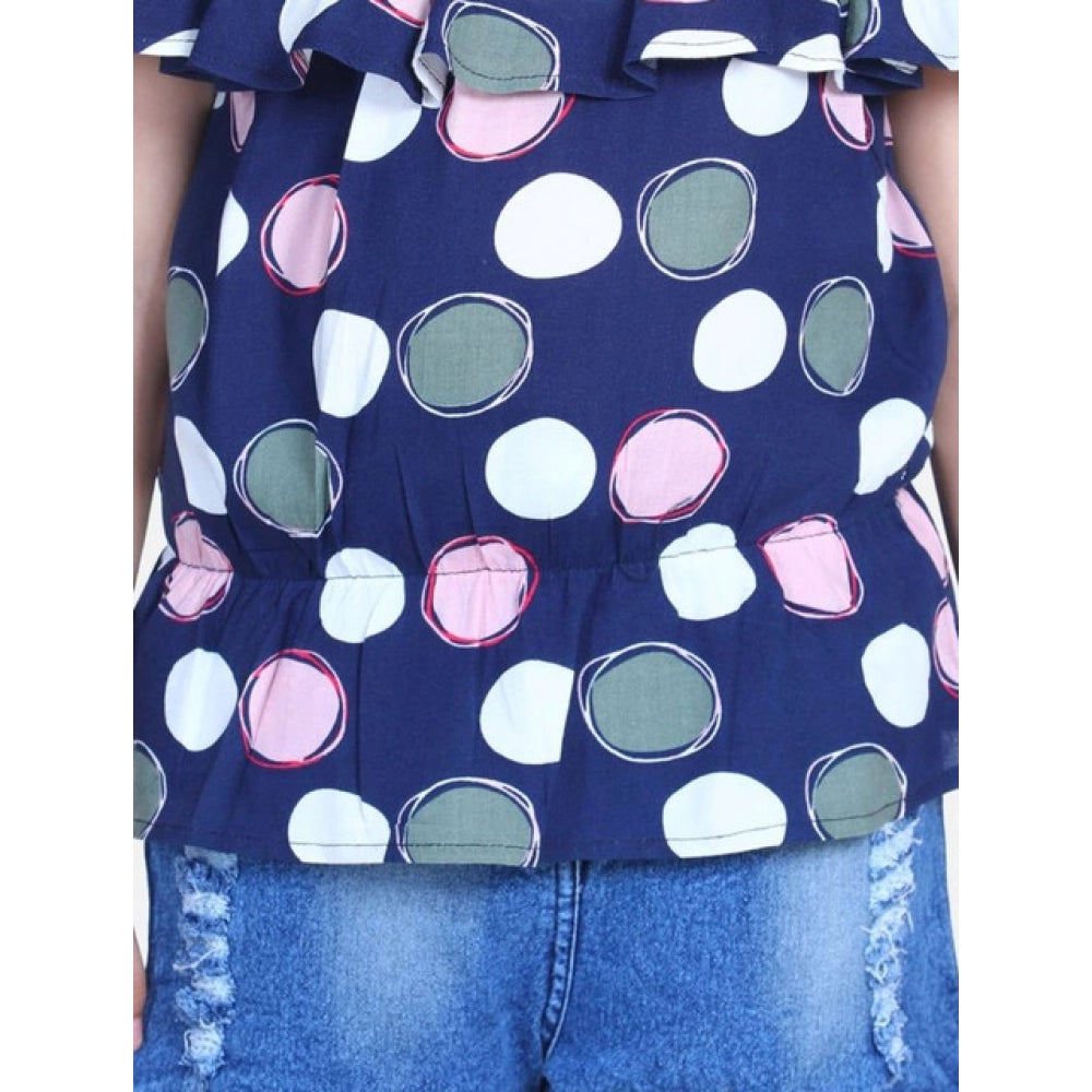 Girl's Rayon Solid Cold Shoulder Top with Shorts - Navy Blue
