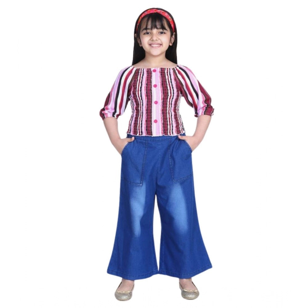 Girl's Rayon Solid Bell Sleeve Top with Culottes - Purple-Blue