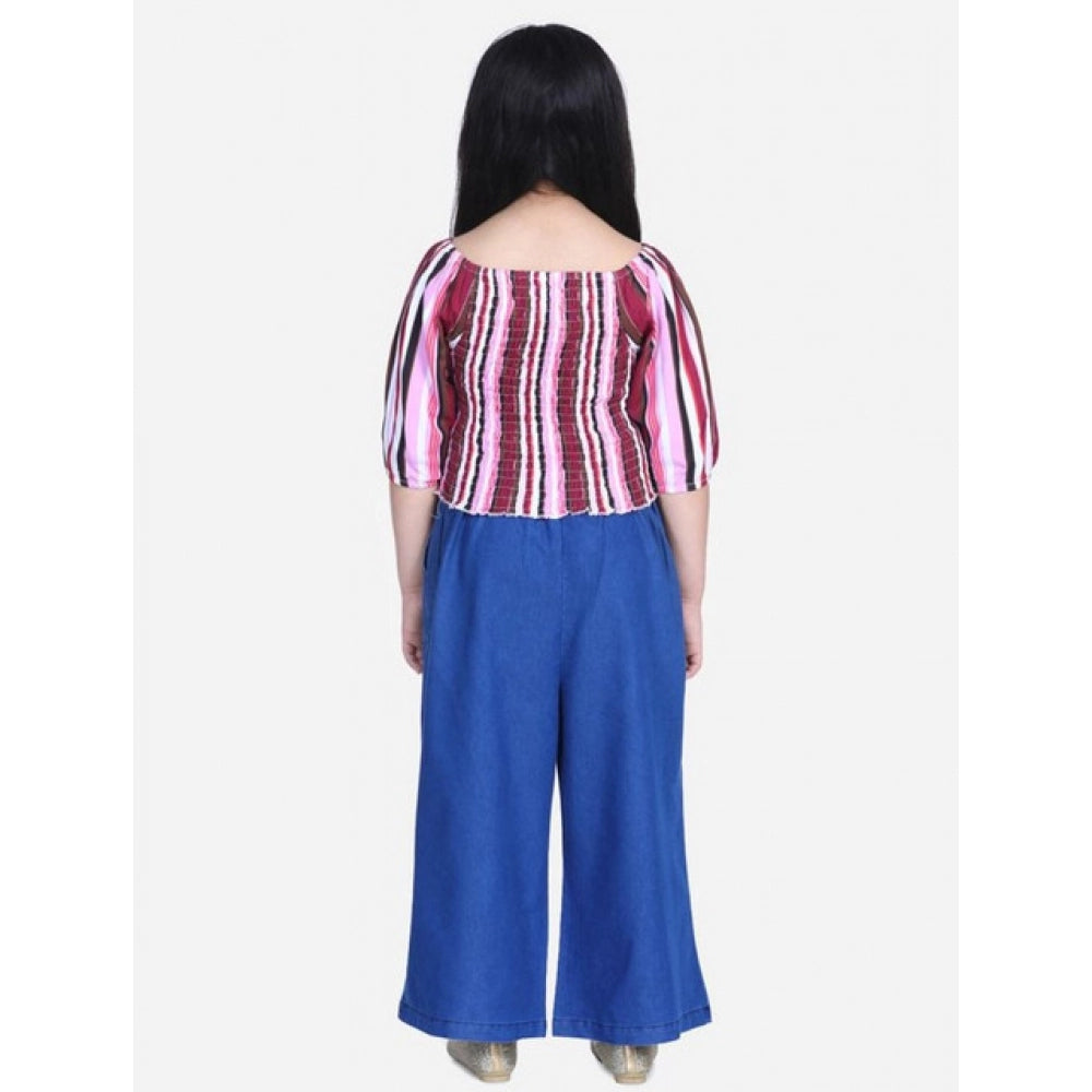 Girl's Rayon Solid Bell Sleeve Top with Culottes - Purple-Blue