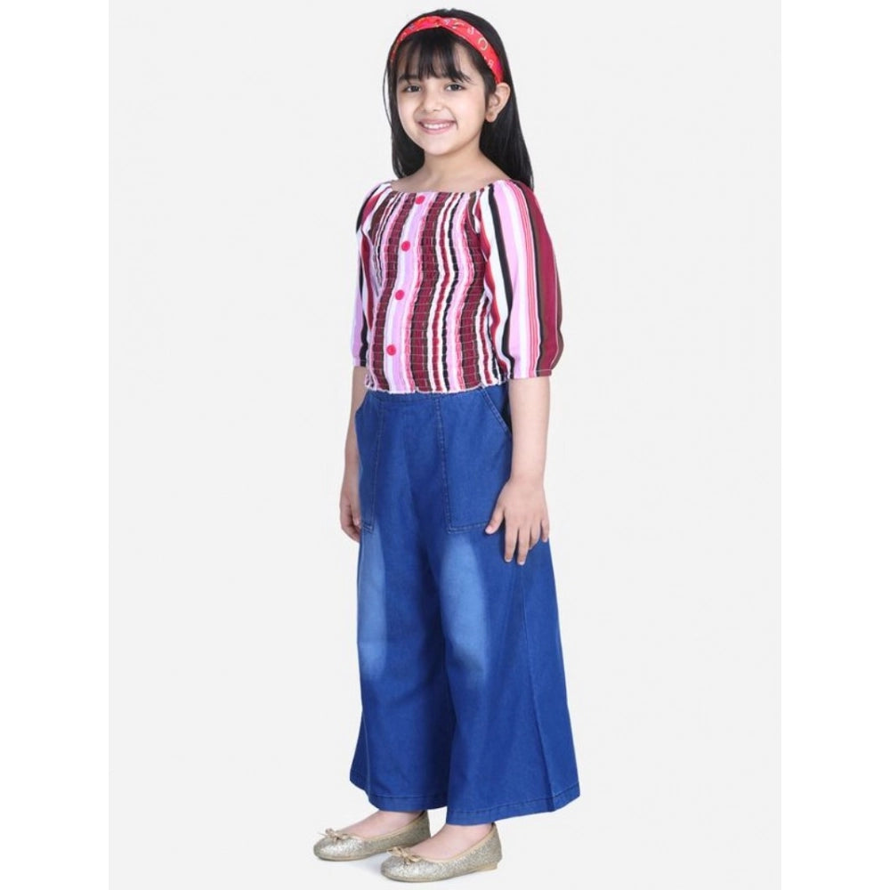 Girl's Rayon Solid Bell Sleeve Top with Culottes - Purple-Blue