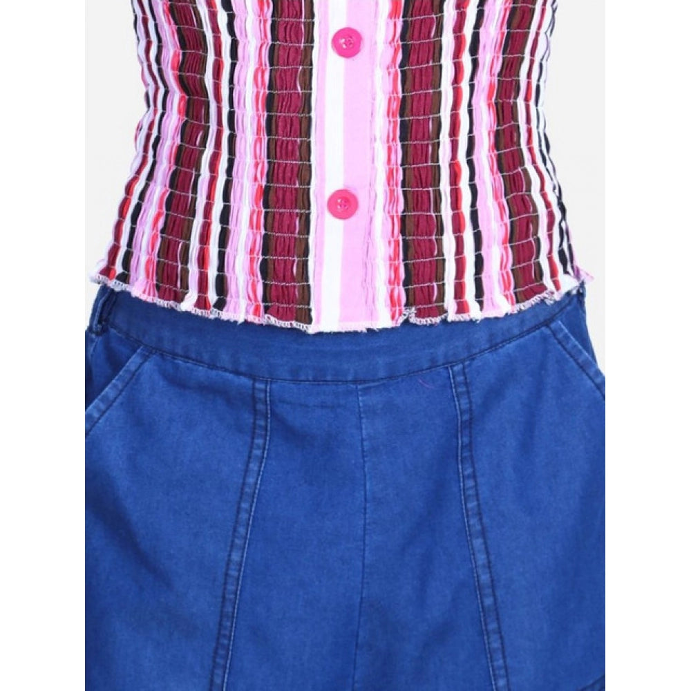 Girl's Rayon Solid Bell Sleeve Top with Culottes - Purple-Blue