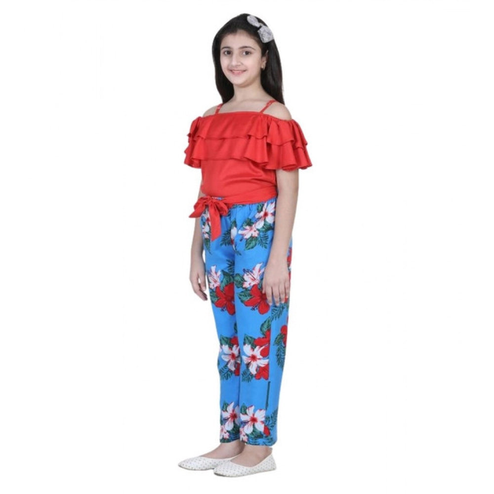 Girl's Rayon Floral Short Sleeve Top and Trouser Set - Multicolor