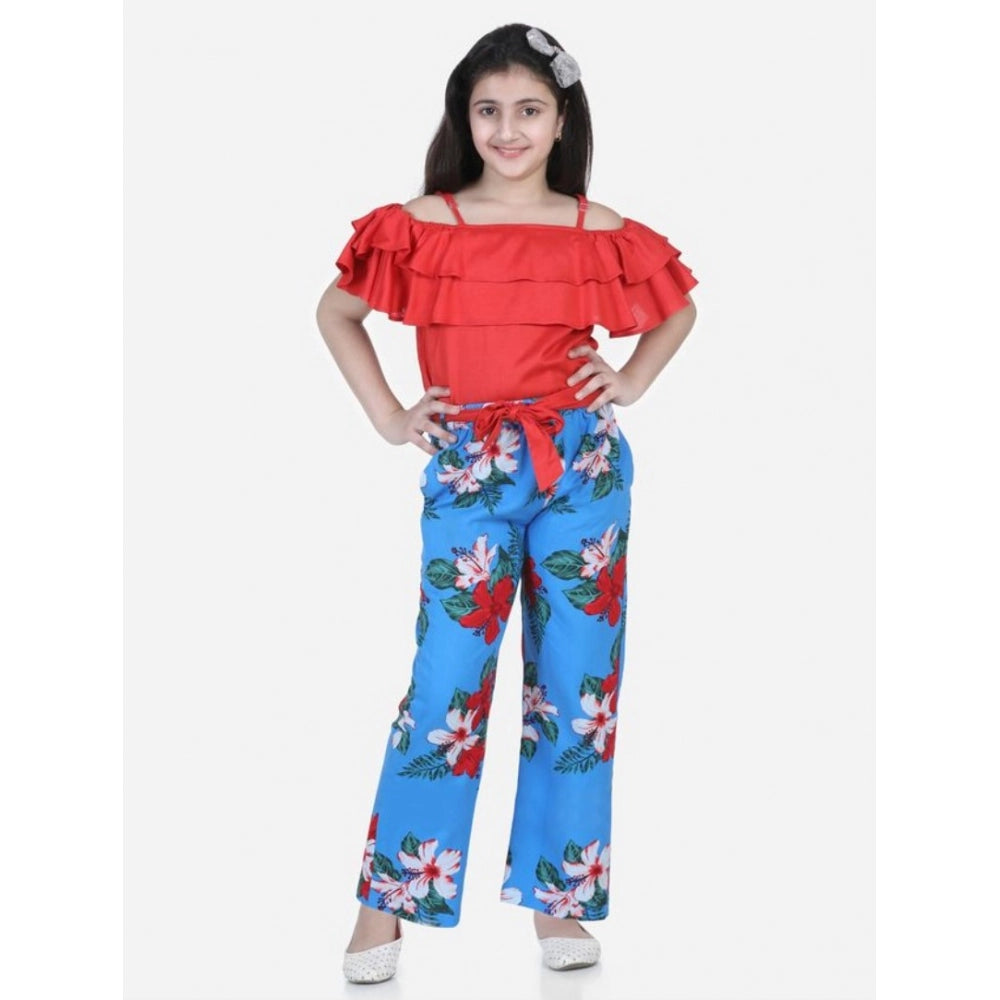 Girl's Rayon Floral Short Sleeve Top and Trouser Set - Multicolor