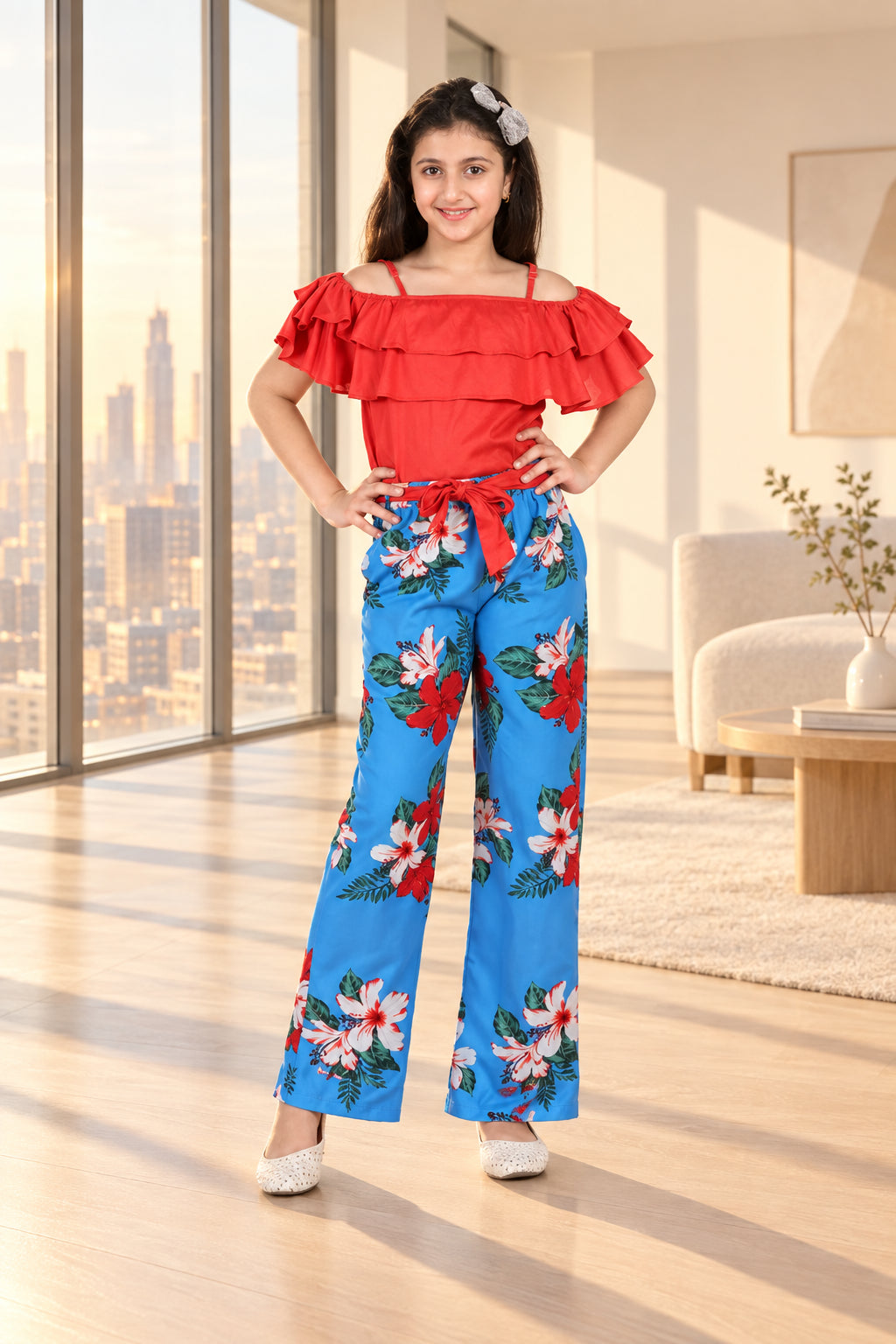 Girl's Rayon Floral Short Sleeve Top and Trouser Set - Multicolor