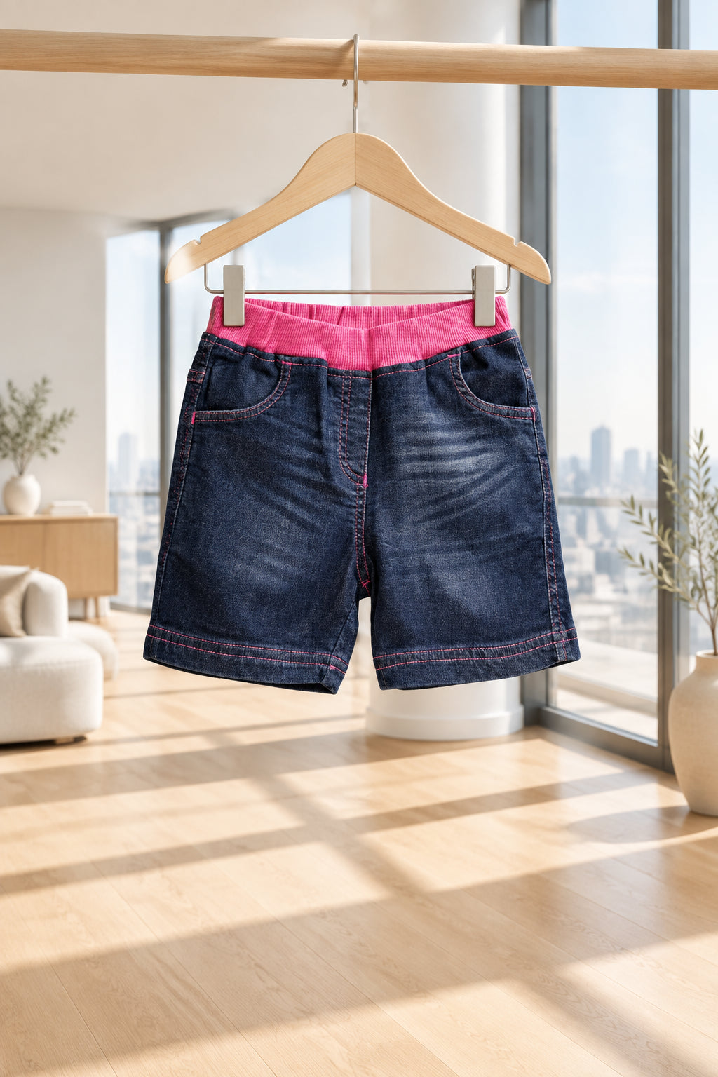 Girl's Denim Ribbed Elasticated Shorts - Pink-Blue