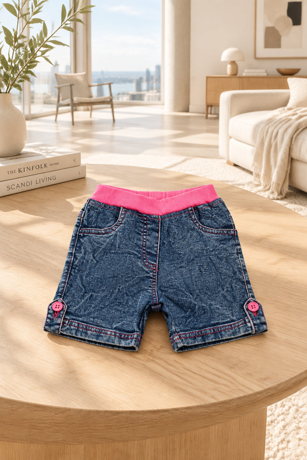 Girl's Denim Lace Inserts Sleeveless Shorts - Blue-Pink