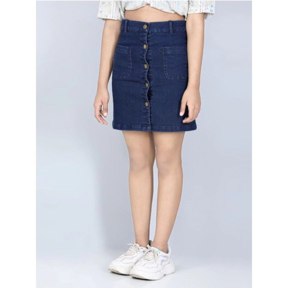 Girl's Denim Solid Buttoned Skirt - Navy Blue