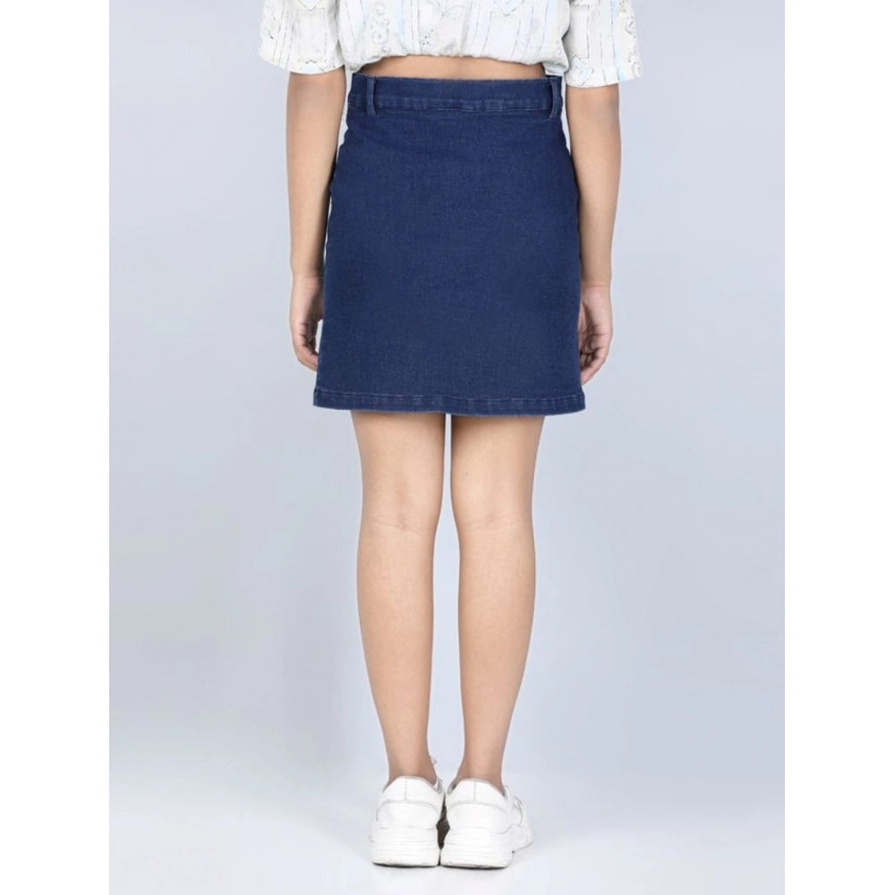Girl's Denim Solid Buttoned Skirt - Navy Blue