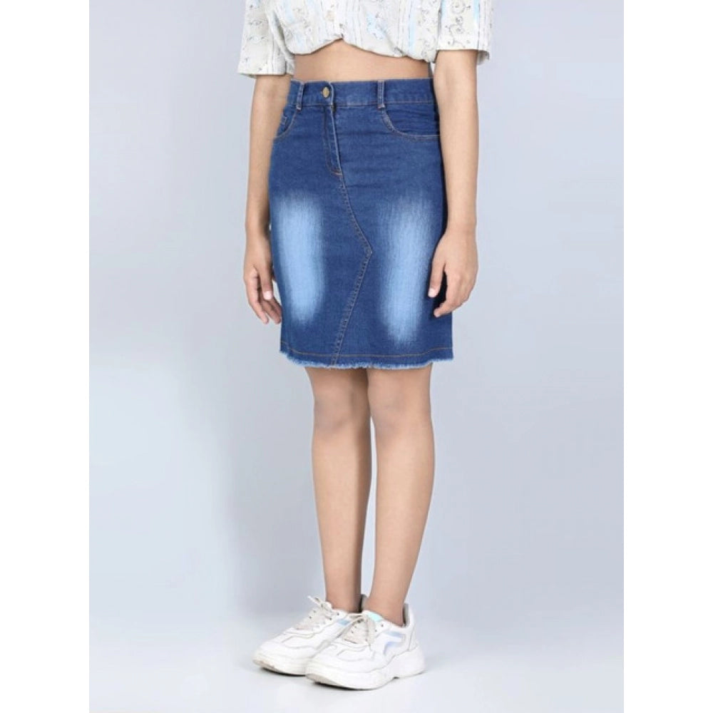 Girl's Denim Solid Buttoned Skirt - Blue