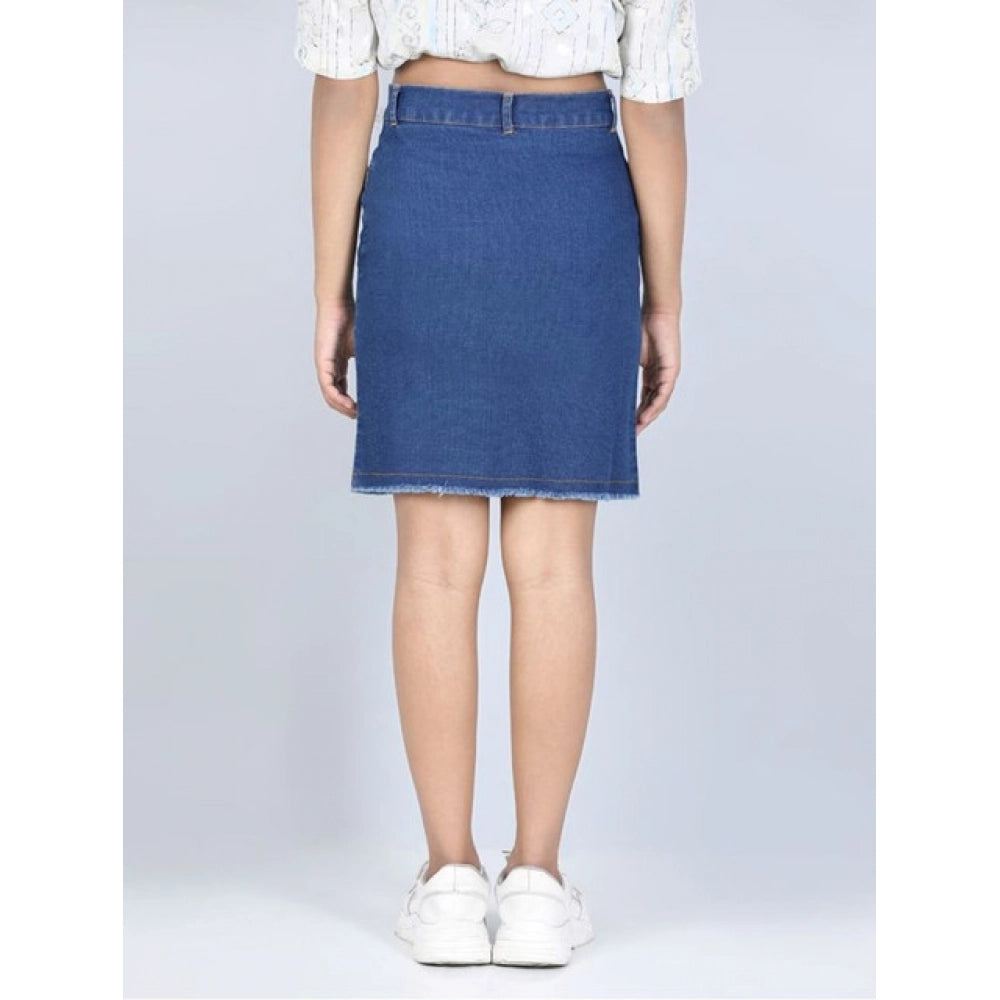 Girl's Denim Solid Buttoned Skirt - Blue