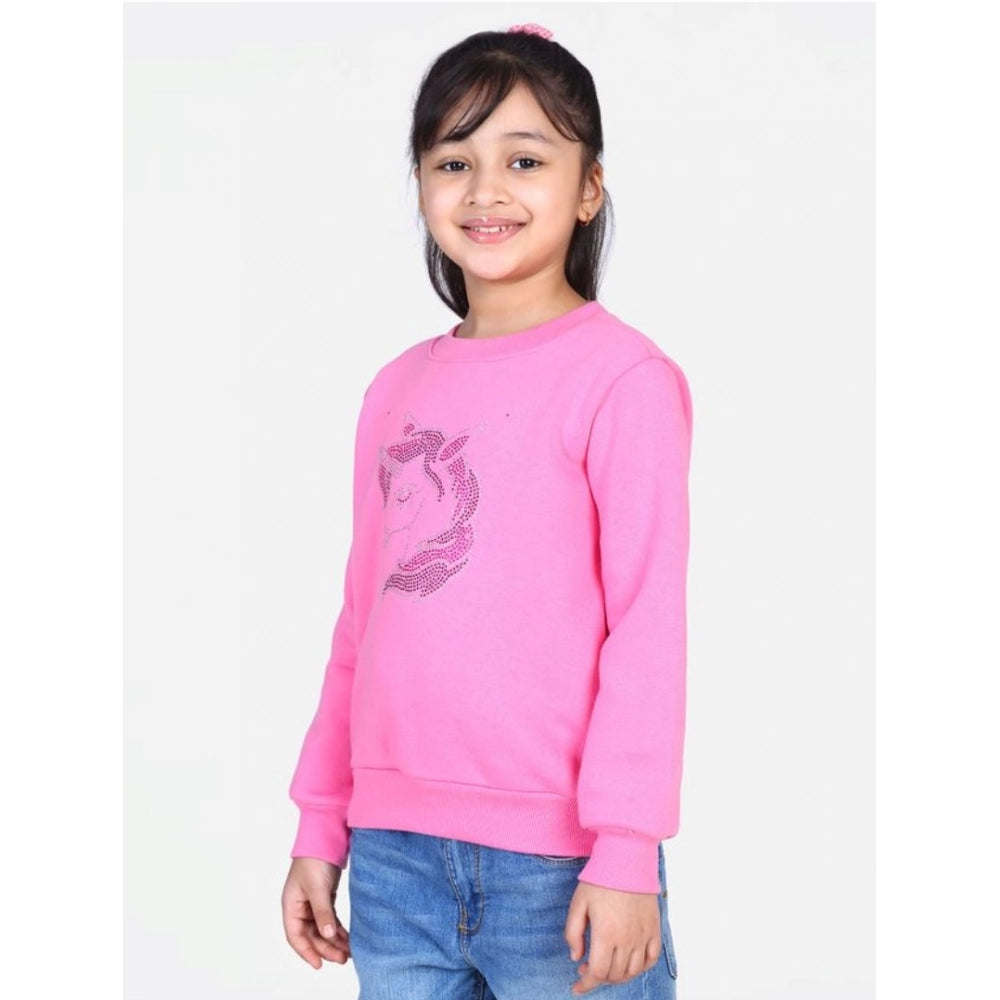 Girl's Fleece Embellished Long Sleeves Sweatshirt - Pink