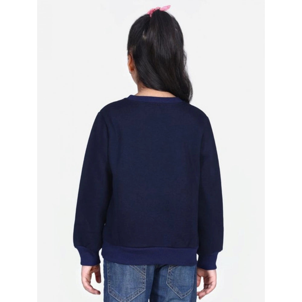 Girl's Fleece Embellished Long Sleeves Sweatshirt - Navy Blue