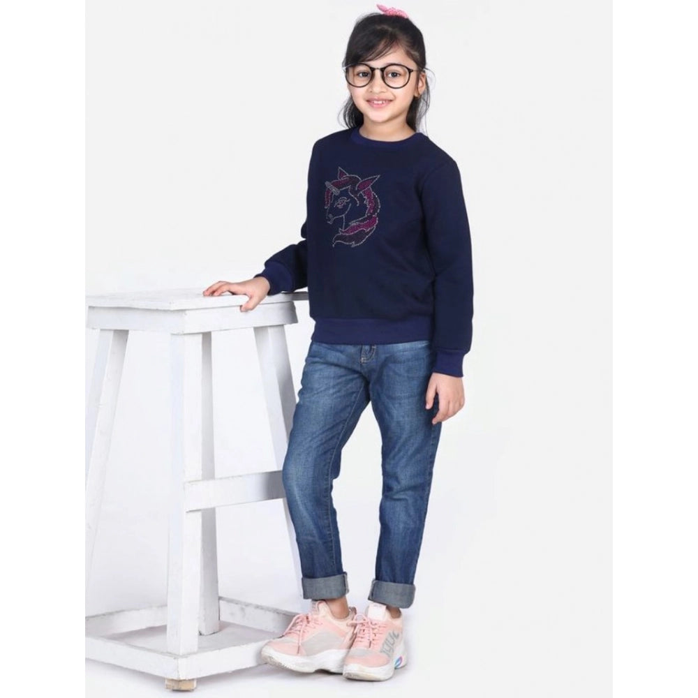 Girl's Fleece Embellished Long Sleeves Sweatshirt - Navy Blue