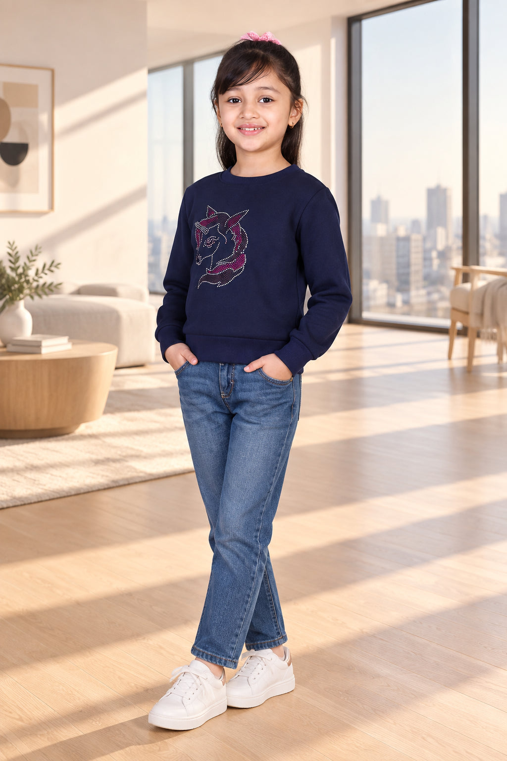 Girl's Fleece Embellished Long Sleeves Sweatshirt - Navy Blue