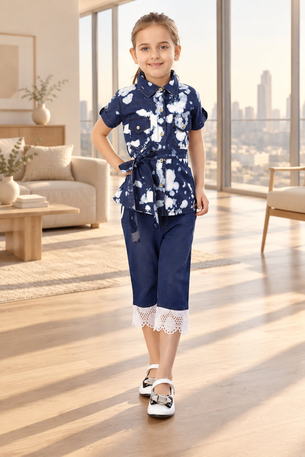 Girl's Denim Tie &amp; Dye Short Sleeve Top - Blue-White