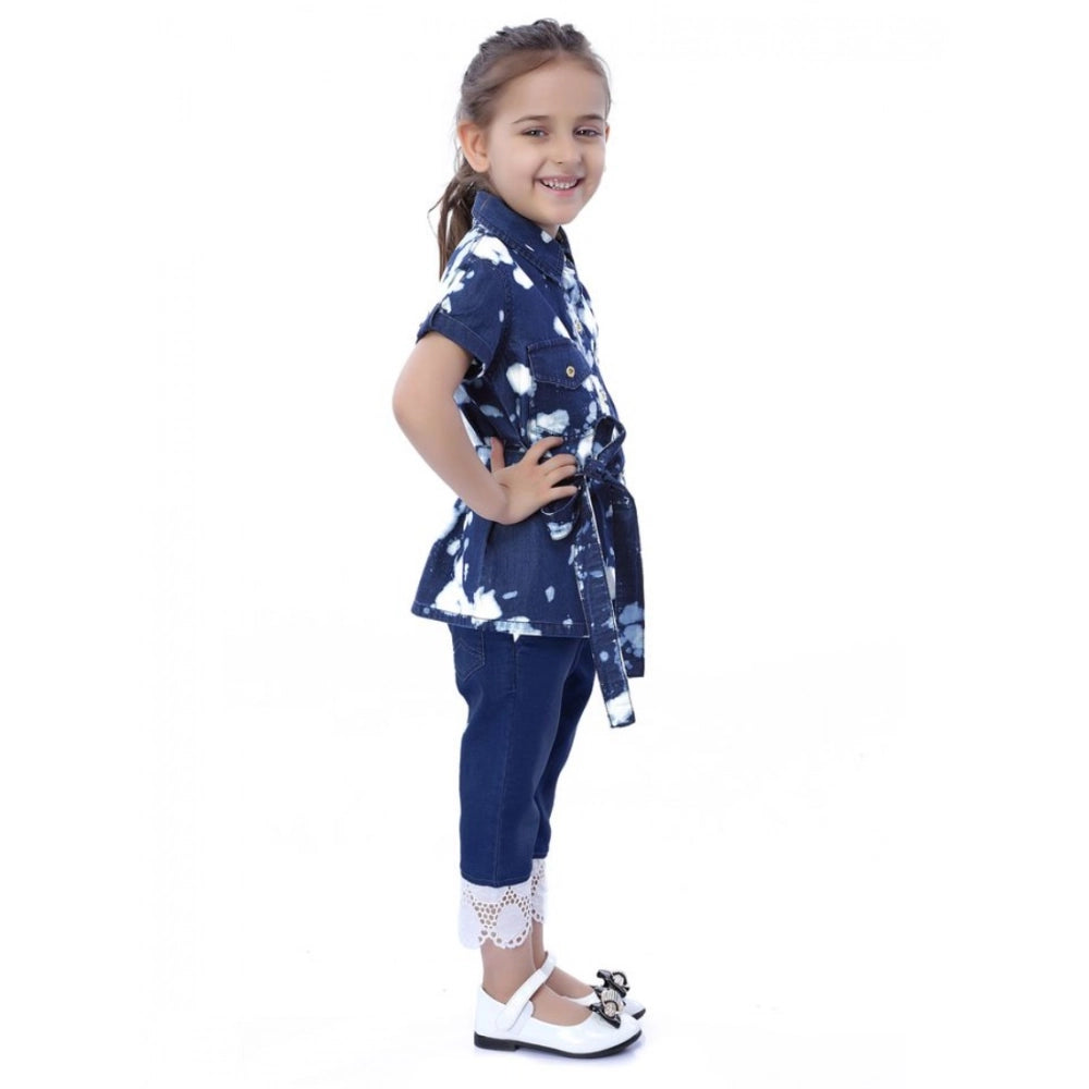 Girl's Denim Tie &amp; Dye Short Sleeve Top - Blue-White