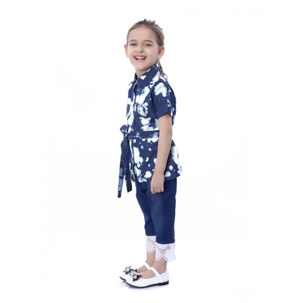 Girl's Denim Tie &amp; Dye Short Sleeve Top - Blue-White