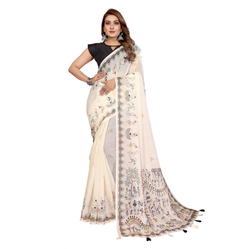 Women's Linen Cotton Printed Saree With Unstitched Blouse 5.5 Mtr (Off White)