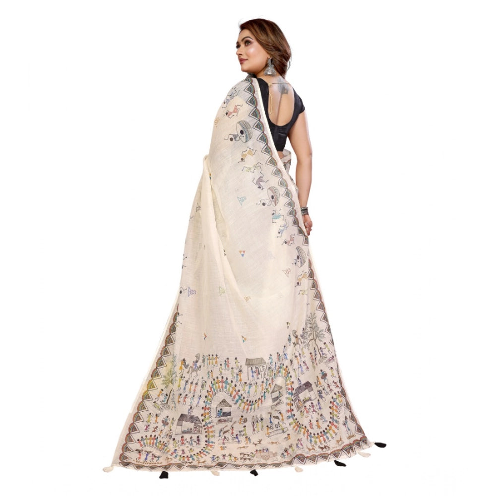 Women's Linen Cotton Printed Saree With Unstitched Blouse 5.5 Mtr (Off White)