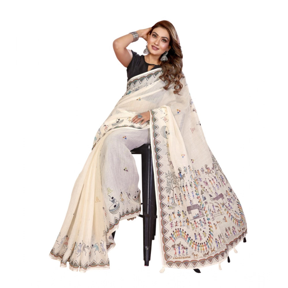 Women's Linen Cotton Printed Saree With Unstitched Blouse 5.5 Mtr (Off White)