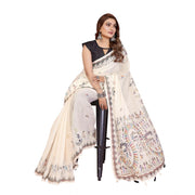 Women's Linen Cotton Printed Saree With Unstitched Blouse 5.5 Mtr (Off White)