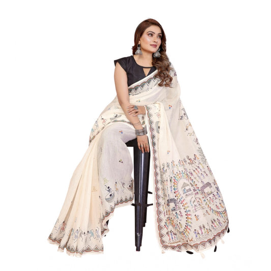 Women's Linen Cotton Printed Saree With Unstitched Blouse 5.5m (Off White)