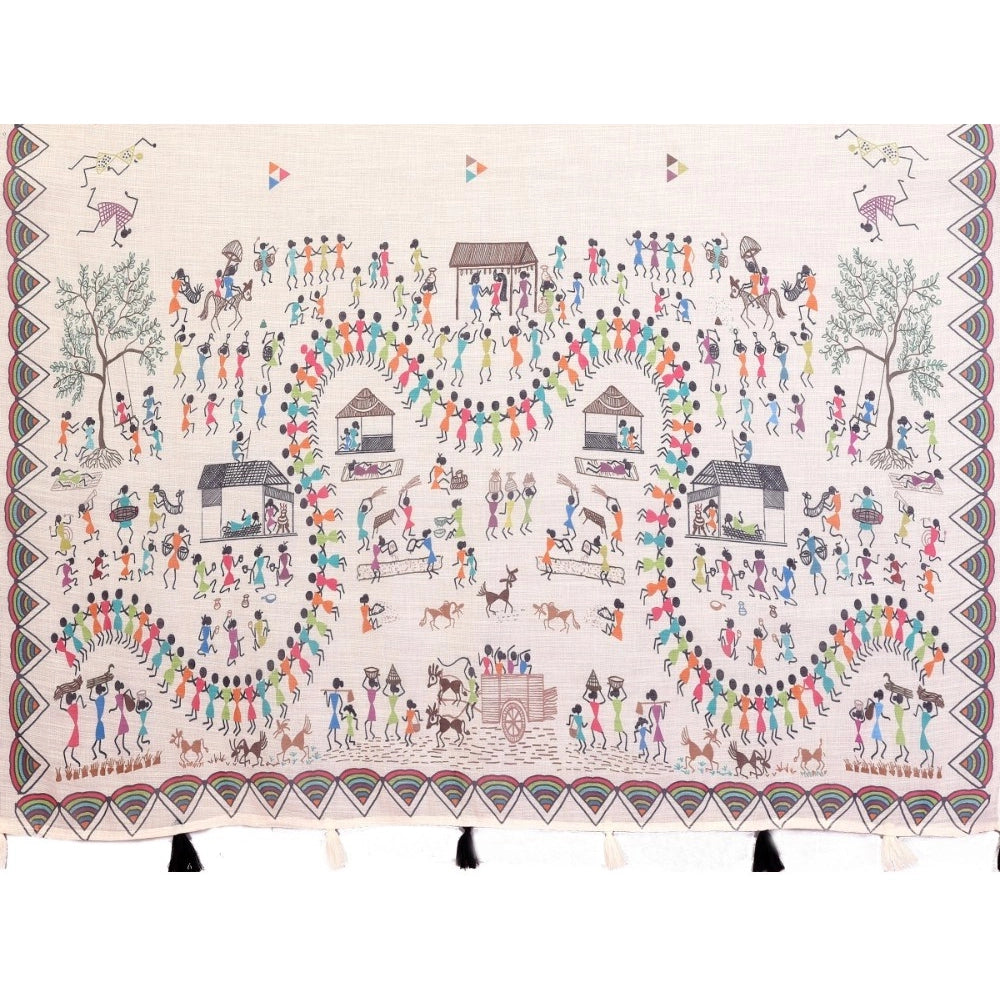 Women's Linen Cotton Printed Saree With Unstitched Blouse 5.5 Mtr (Off White)