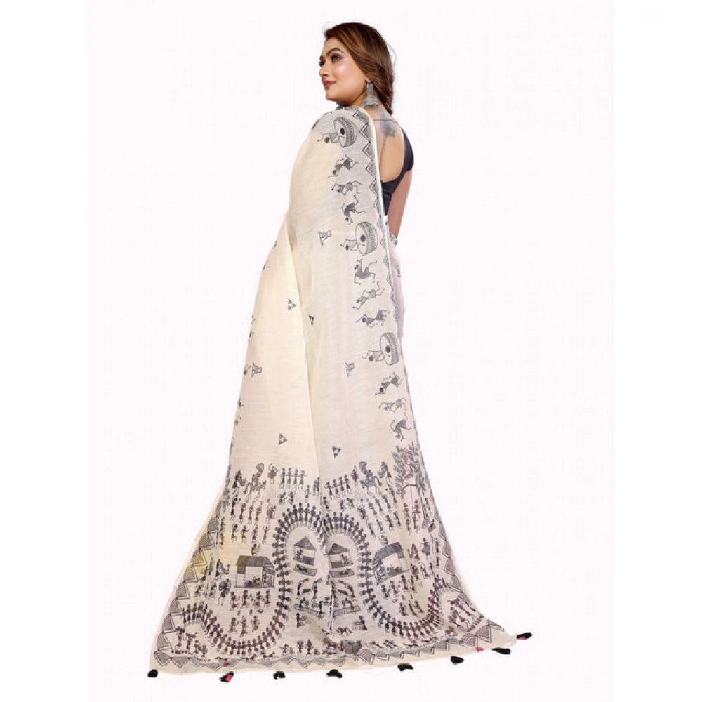 Women's Linen Cotton Printed Saree With Unstitched Blouse 5.5 Mtr (Off White)
