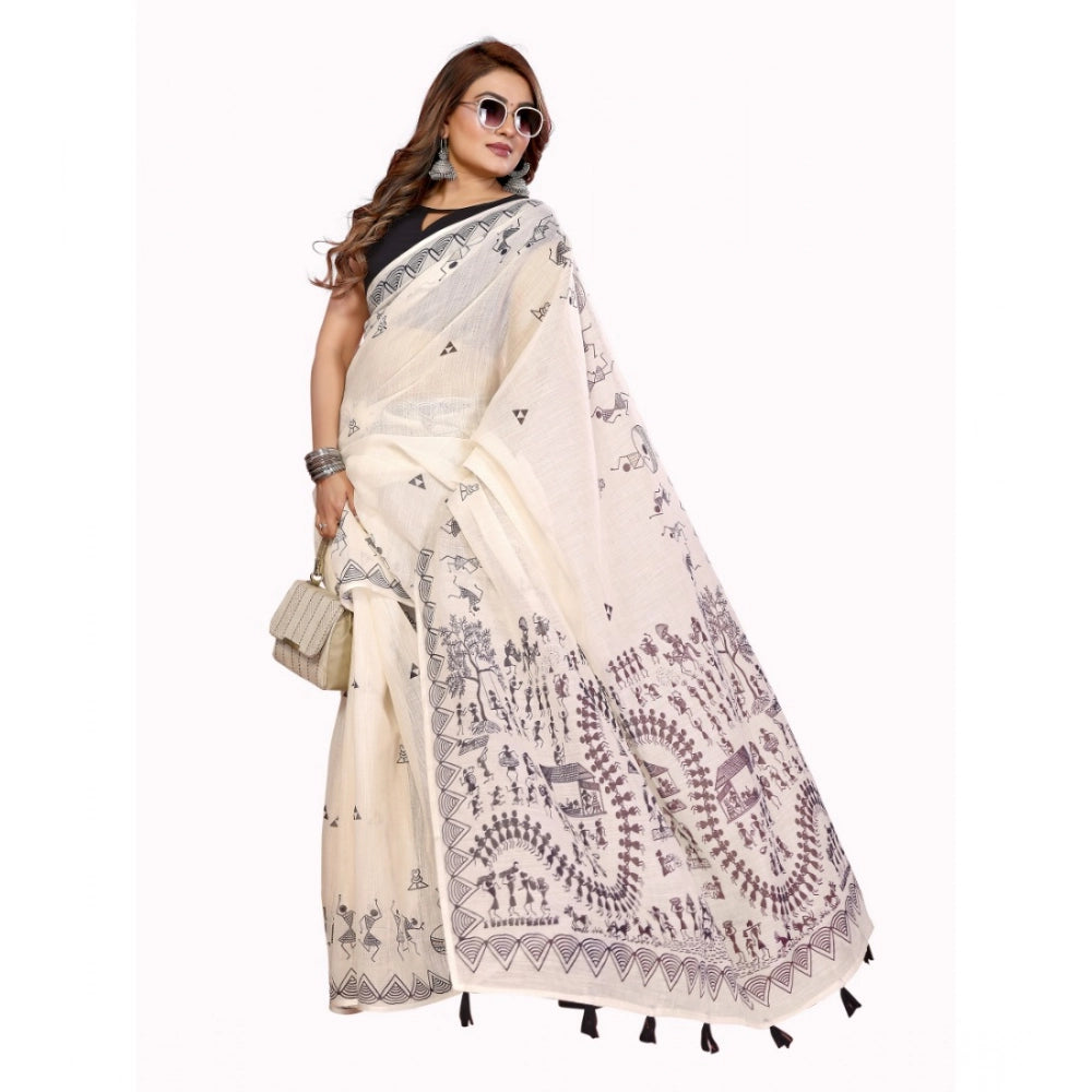 Women's Linen Cotton Printed Saree With Unstitched Blouse 5.5 Mtr (Off White)