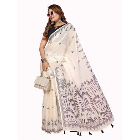 Women's Linen Cotton Printed Saree With Unstitched Blouse 5.5m (Off White)
