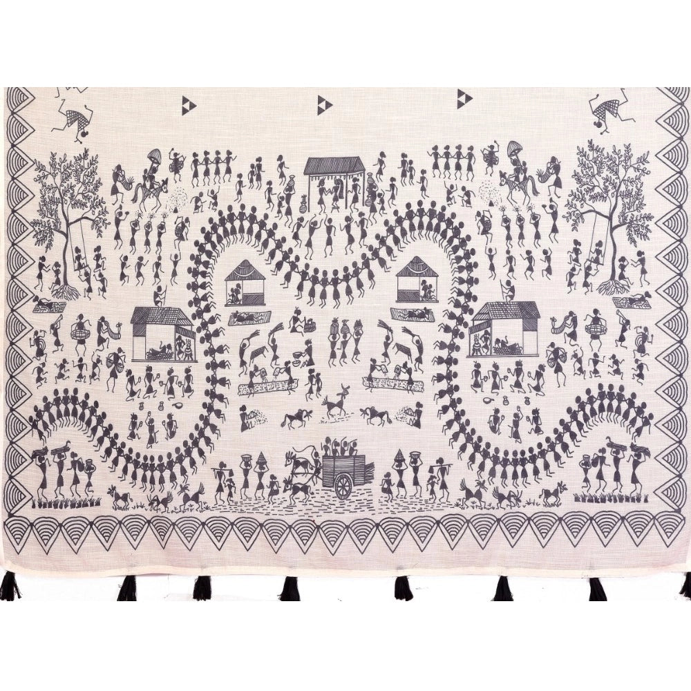 Women's Linen Cotton Printed Saree With Unstitched Blouse 5.5 Mtr (Off White)
