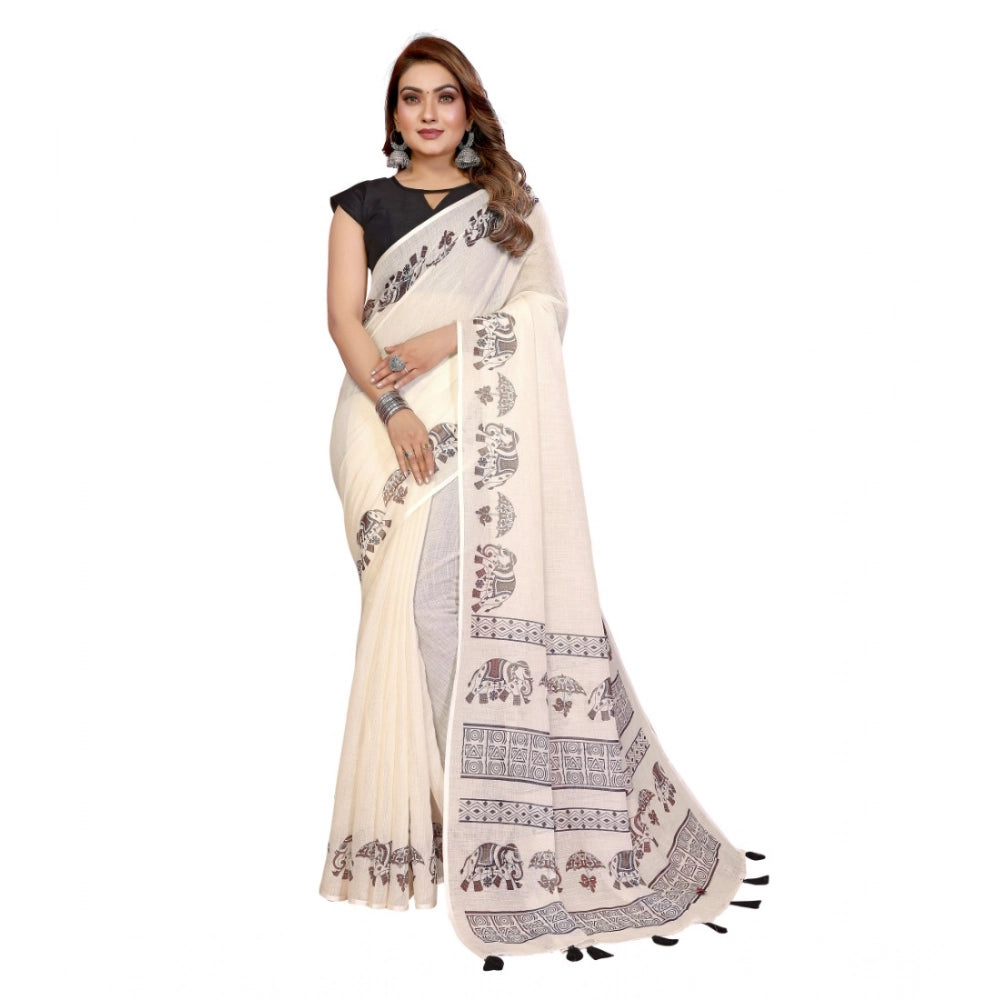 Women's Linen Cotton Printed Saree With Unstitched Blouse 5.5 Mtr (Off White)