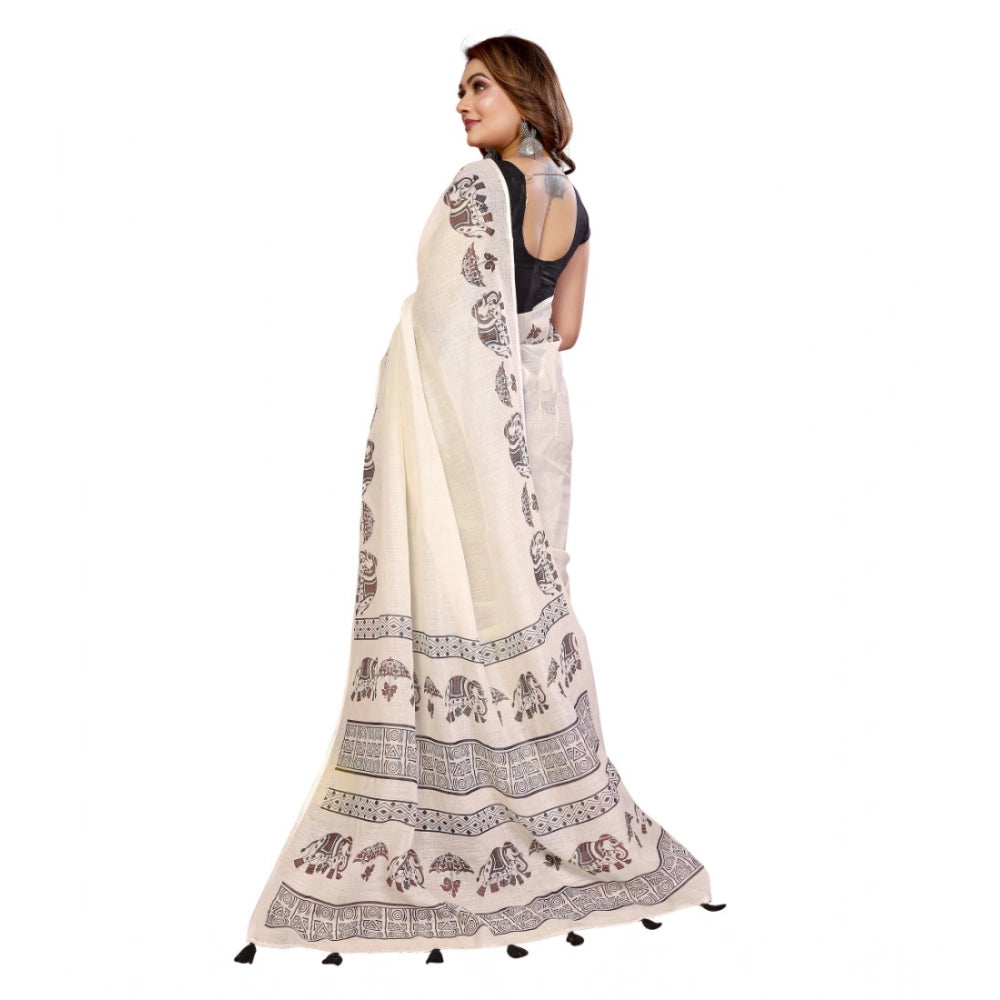 Women's Linen Cotton Printed Saree With Unstitched Blouse 5.5 Mtr (Off White)