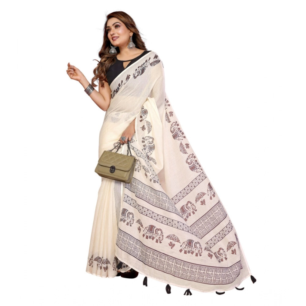 Women's Linen Cotton Printed Saree With Unstitched Blouse 5.5 Mtr (Off White)