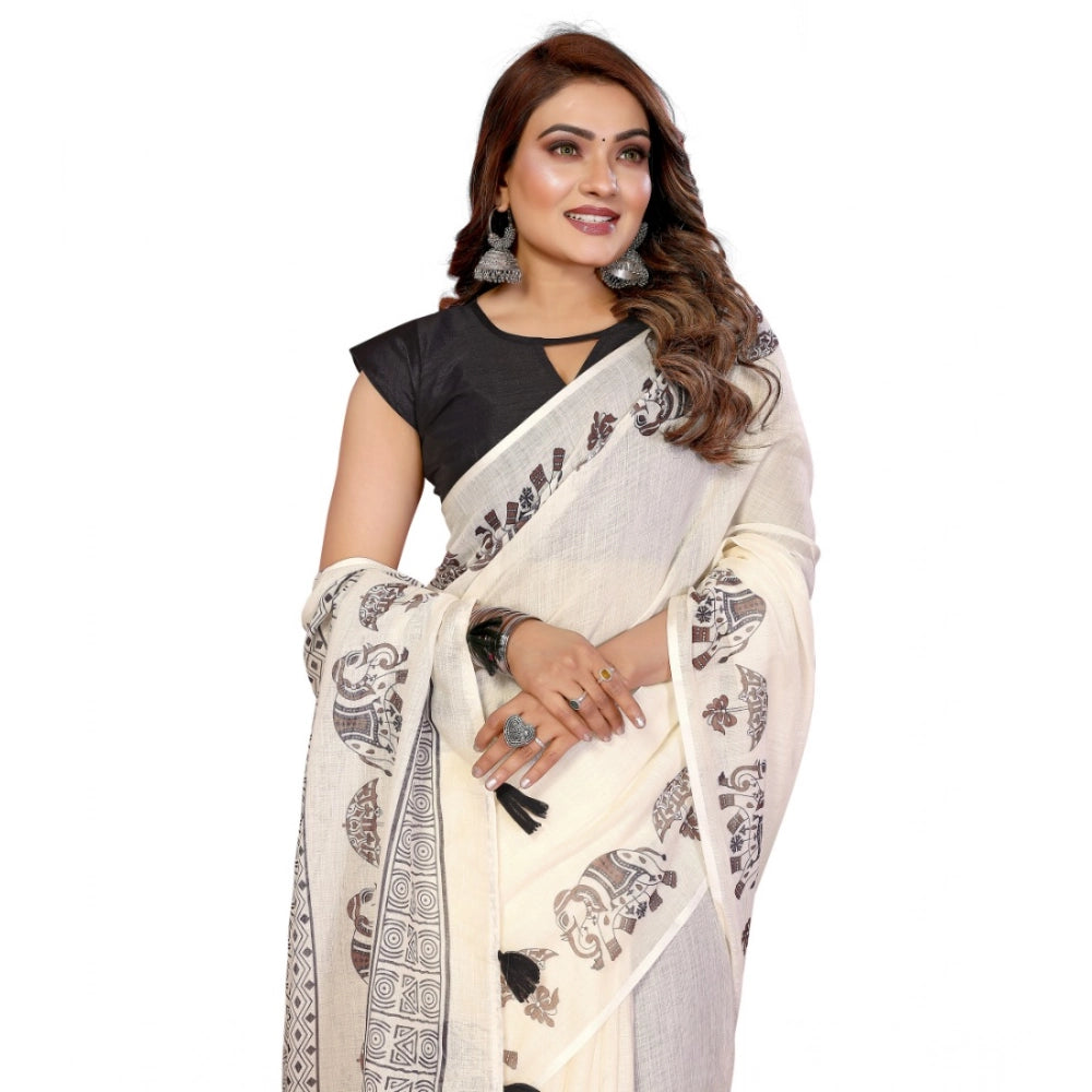 Women's Linen Cotton Printed Saree With Unstitched Blouse 5.5 Mtr (Off White)