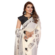 Women's Linen Cotton Printed Saree With Unstitched Blouse 5.5 Mtr (Off White)