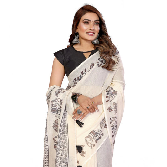 Women's Linen Cotton Printed Saree With Unstitched Blouse 5.5m (Off White)