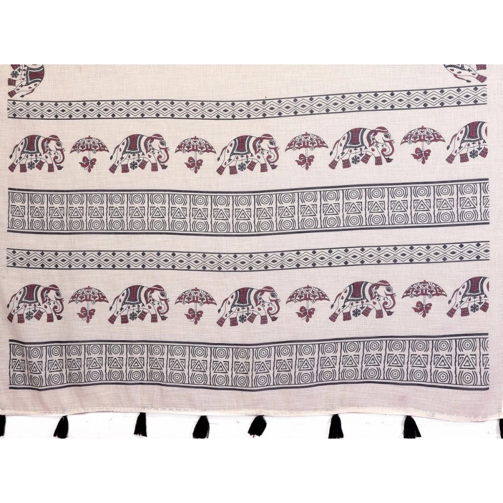 Women's Linen Cotton Printed Saree With Unstitched Blouse 5.5 Mtr (Off White)