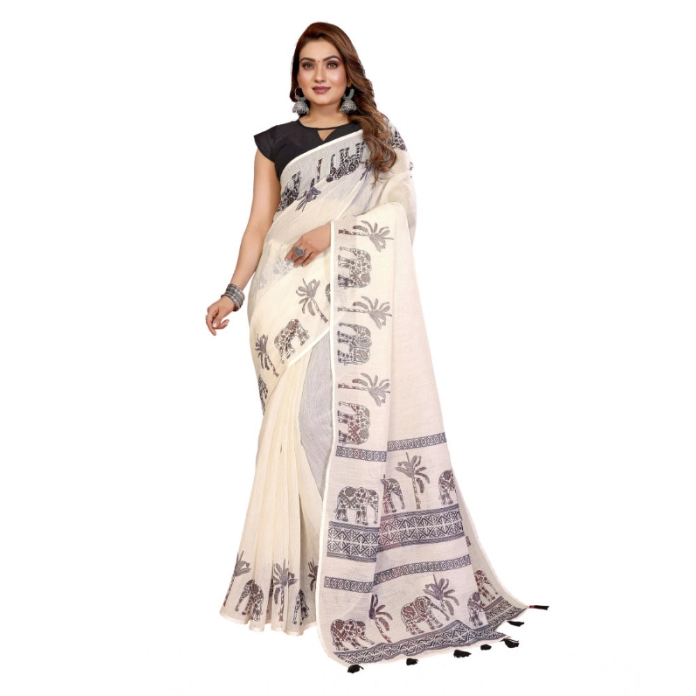 Women's Linen Cotton Printed Saree With Unstitched Blouse 5.5 Mtr (Off White)